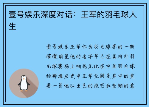 壹号娱乐深度对话：王军的羽毛球人生